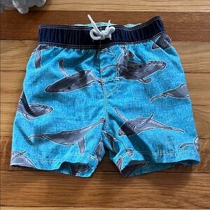 Blue Whale Print Boy’s Bathing Suit Shorts, 18-24 months